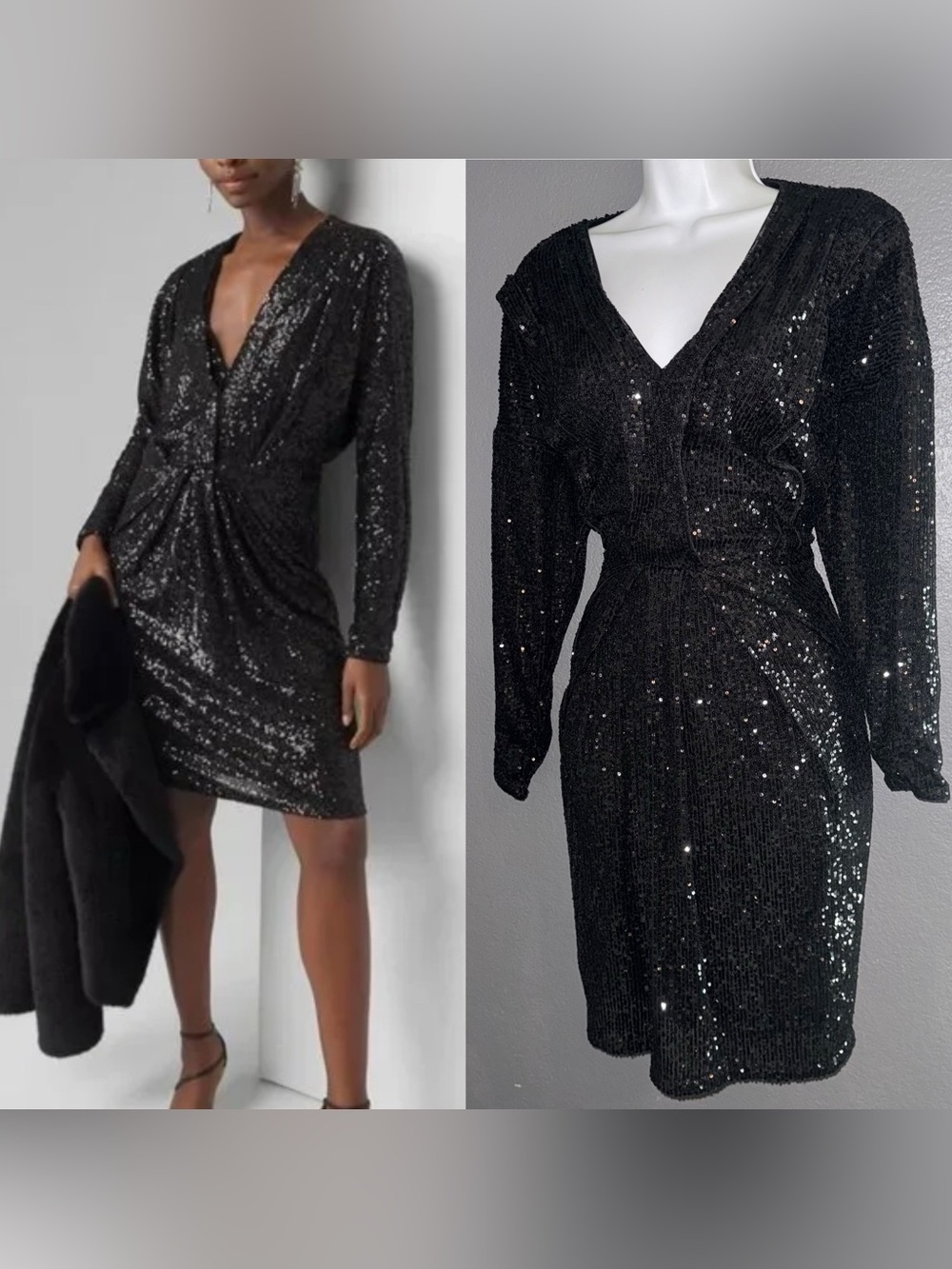 WHBM White House Black Market Women’s Black Sequin Long Sleeve Dress Small 4